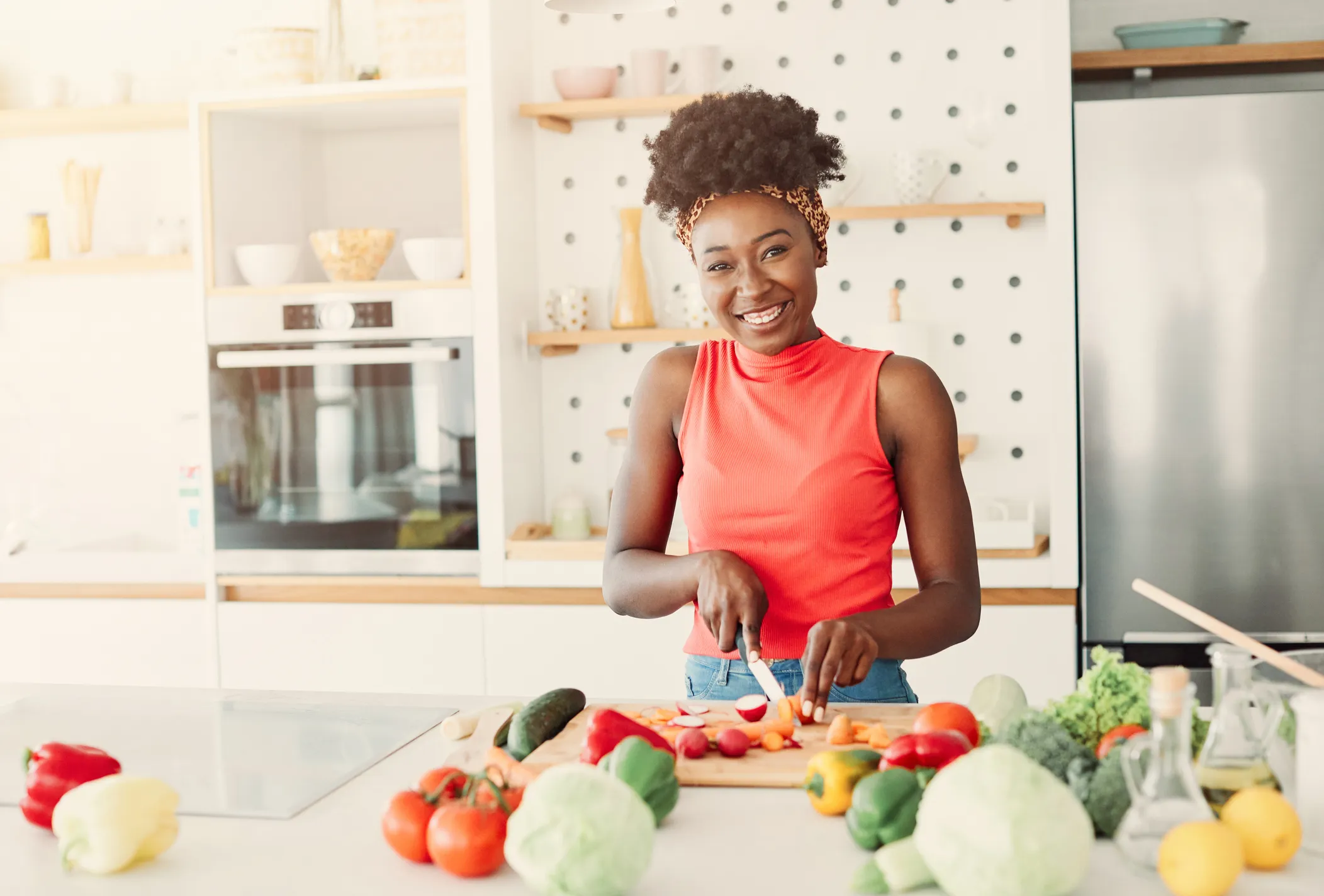 Black-woman-african-american-kitchen-food-girl-cooking-preparing-breakfast-luch-dinner-happy